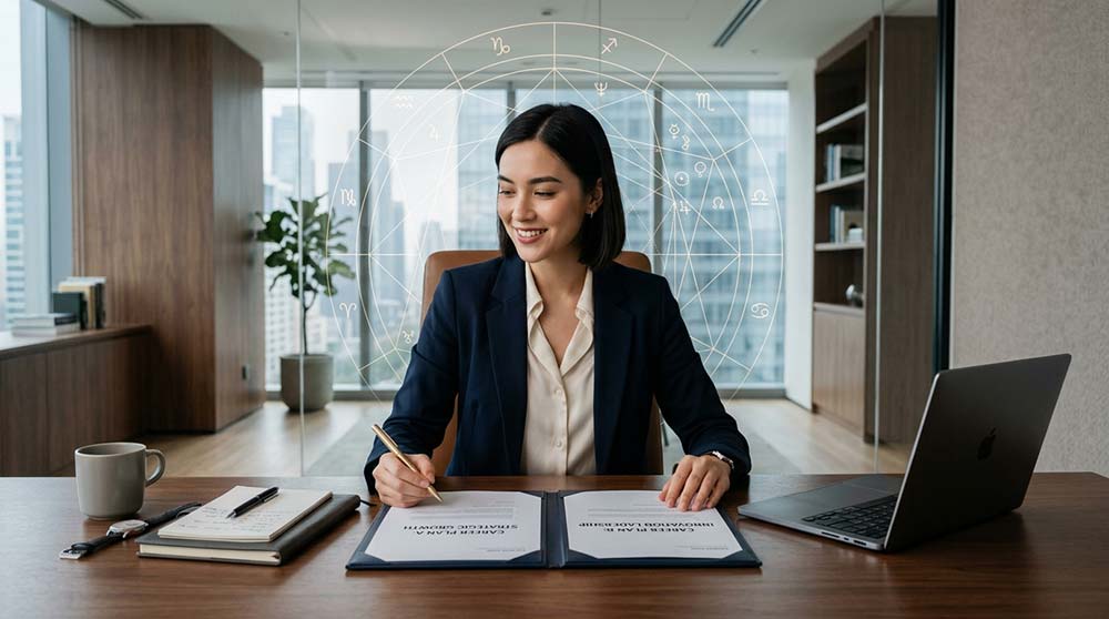 Professional making informed career decisions using Vedic astrology guidance and personal judgment.