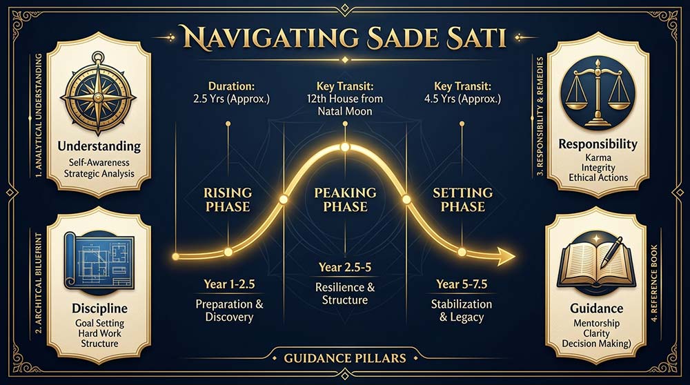 Infographic explaining Sade Sati phases duration guidance discipline and personal growth