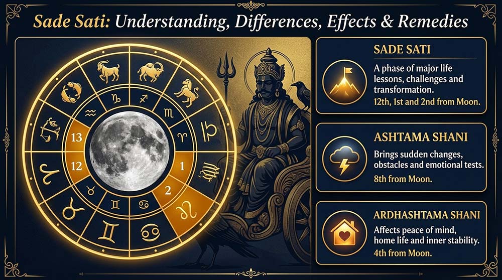 Comparison infographic showing Sade Sati Ashtama Shani and Ardhashtama Shani differences