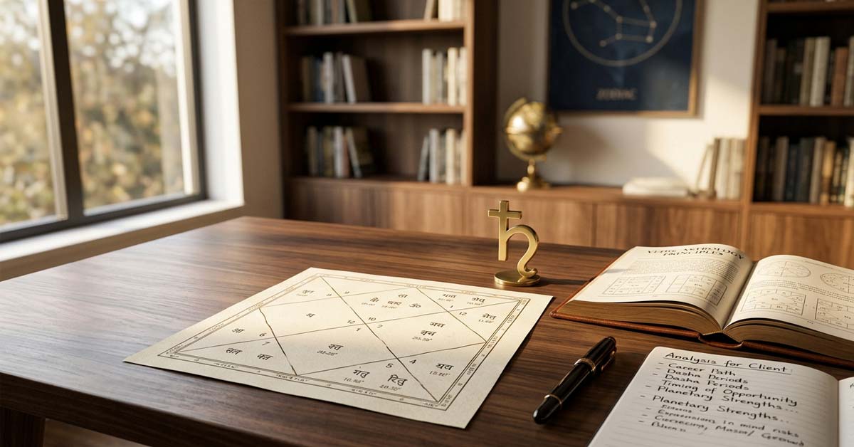 Vedic astrology birth chart showing Saturn consultation for Sade Sati guidance
